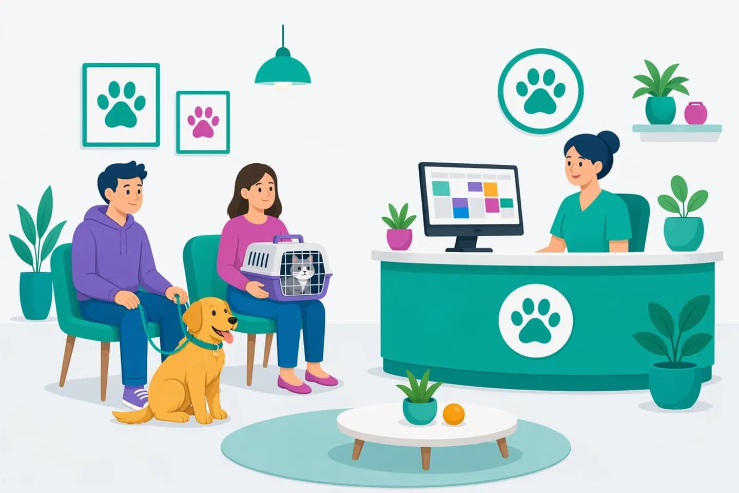 Sala d'attesa di una clinica veterinaria con proprietari e animali, agenda digitale alla reception