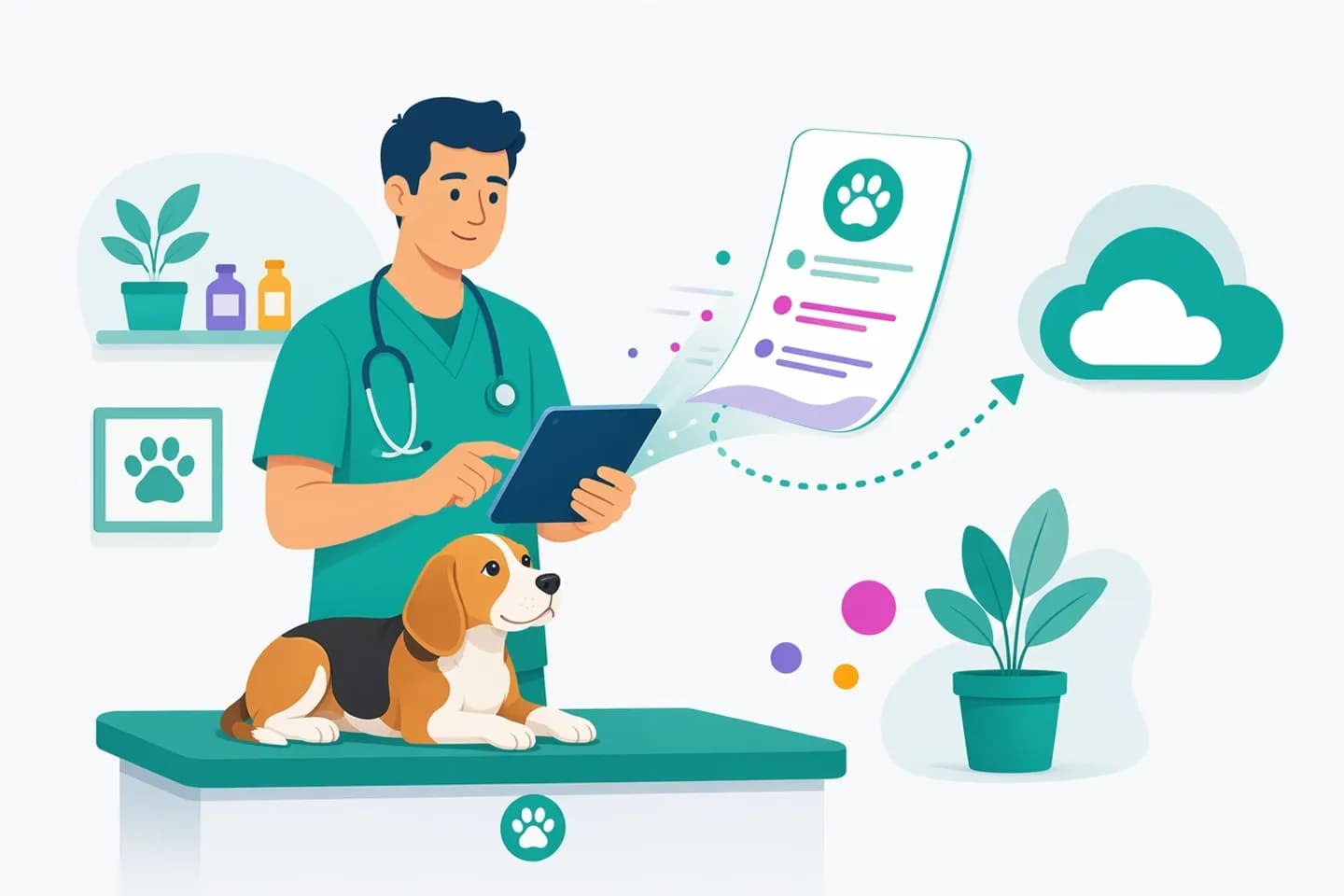 Veterinario che compila una ricetta elettronica dal tablet accanto a un cane in ambulatorio