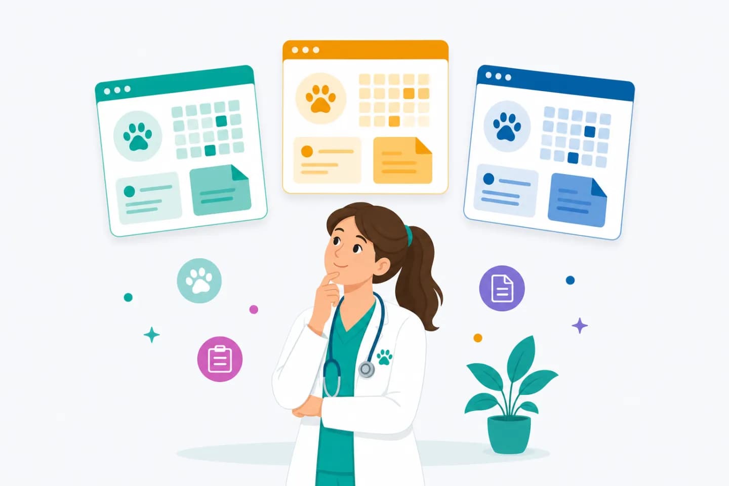 Veterinaria che confronta diverse soluzioni software sul computer della clinica
