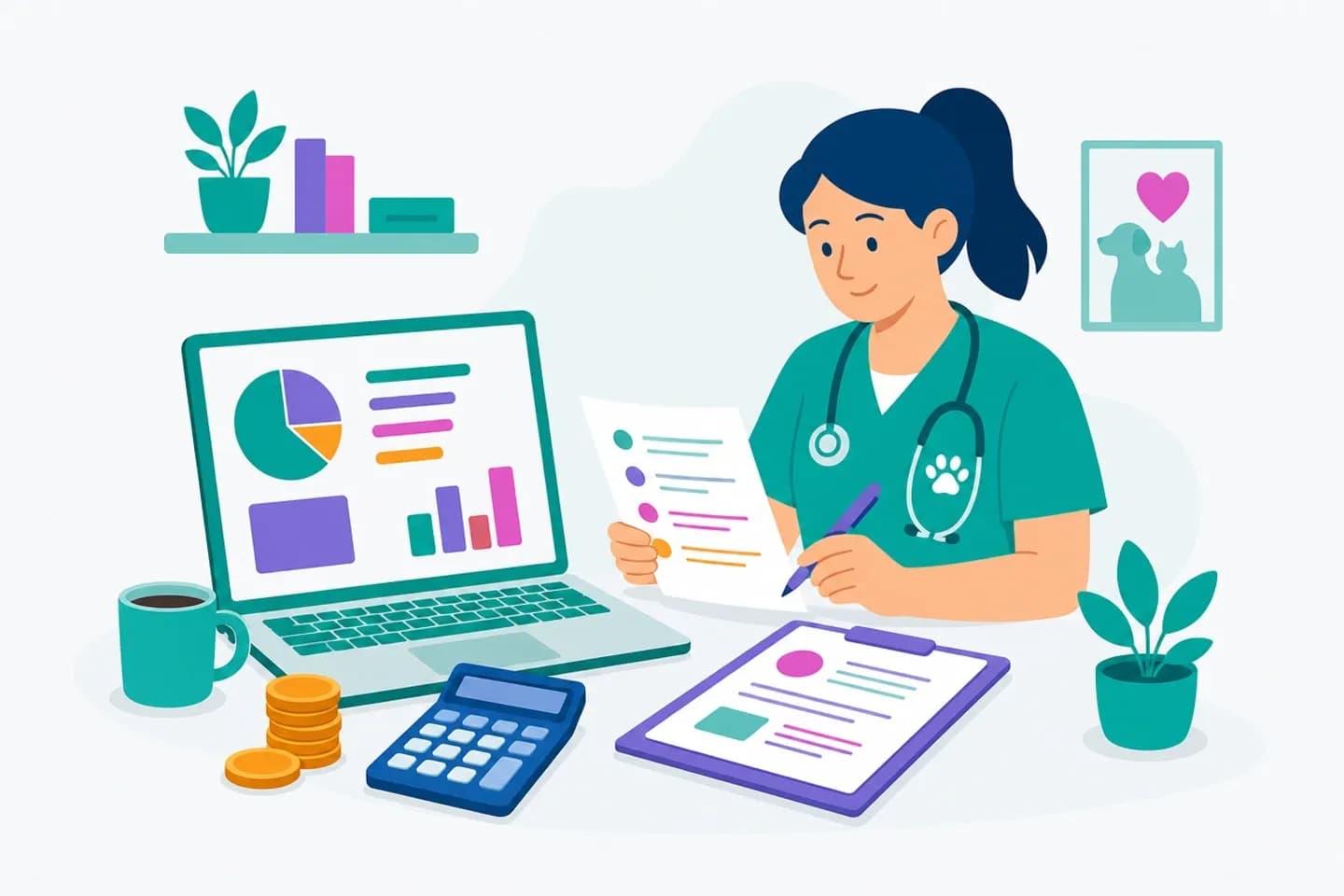 Tavolo di lavoro con computer, calcolatrice e documenti per valutare i costi del software della clinica veterinaria