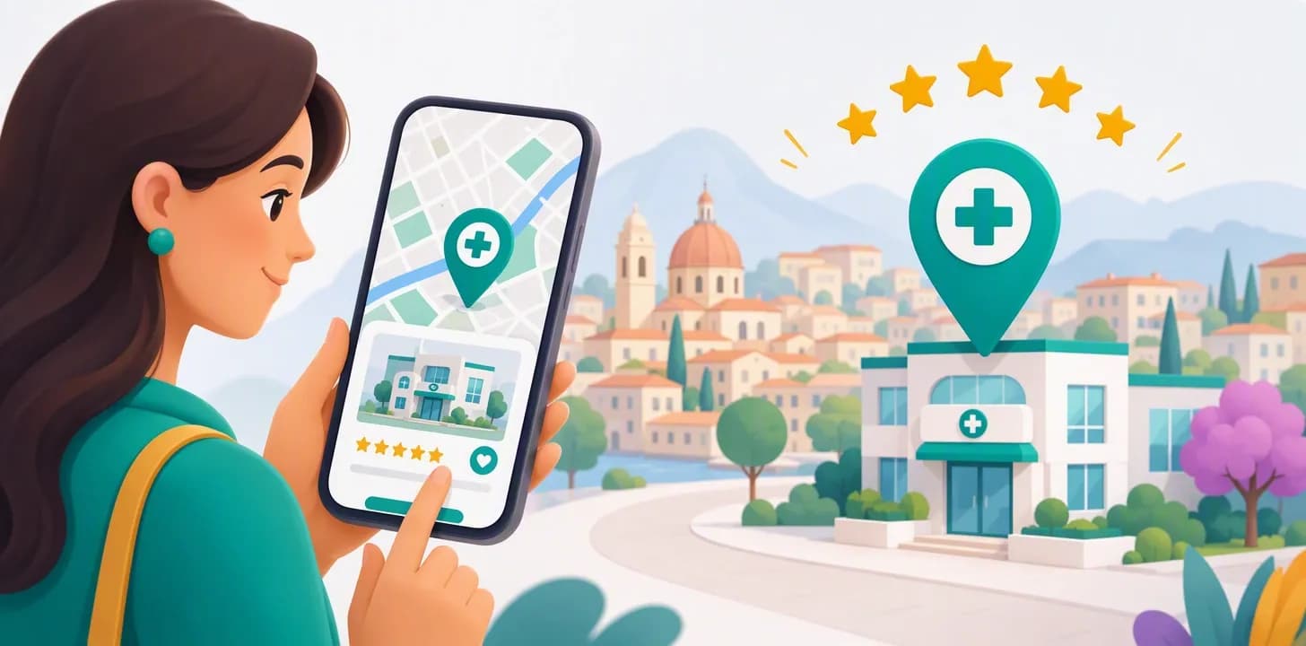 Paziente che trova uno studio medico su Google Maps dallo smartphone grazie alla scheda Google Business Profile