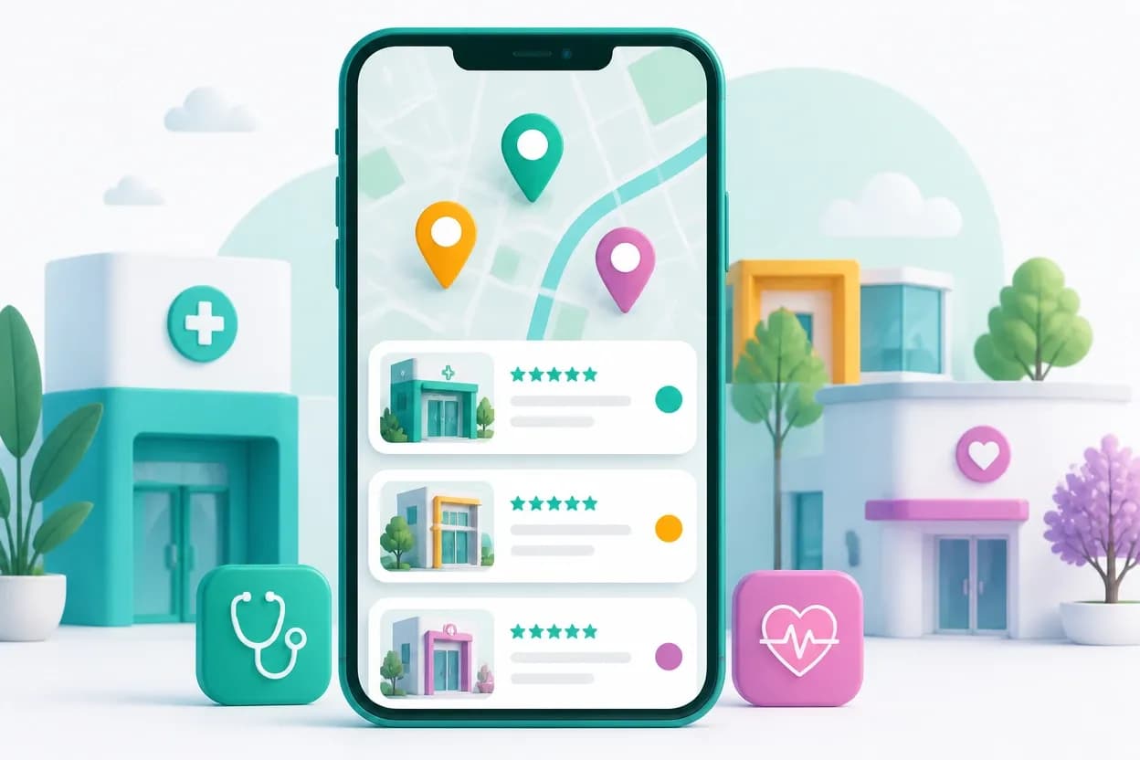 Blocco di tre studi medici sulla mappa di Google con recensioni e orari visibili su smartphone