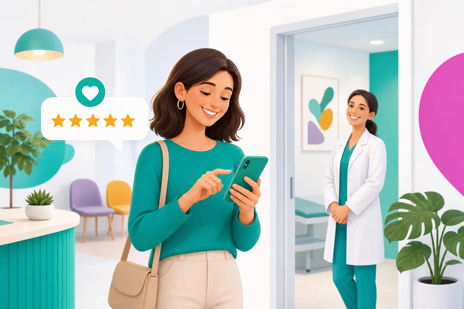 Paziente soddisfatto che lascia una recensione positiva allo studio medico dopo una visita senza attese
