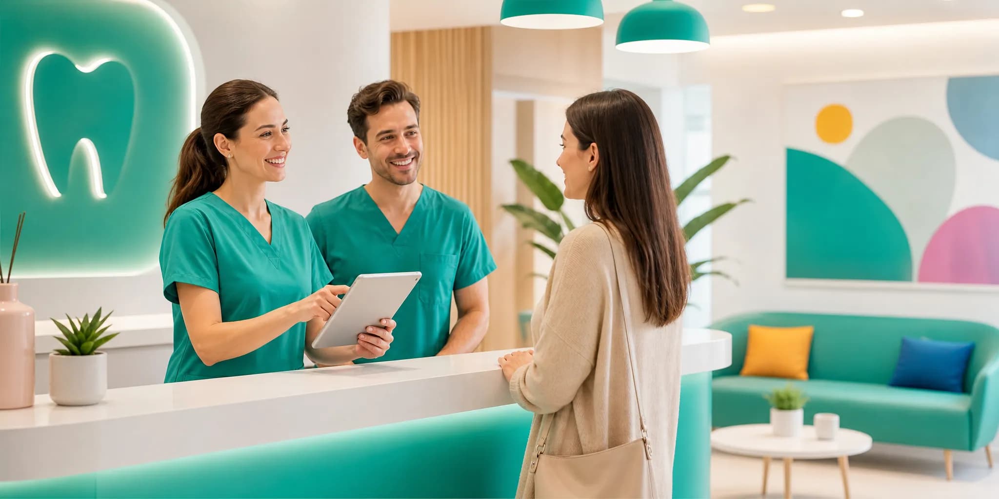 Team di uno studio odontoiatrico che accoglie un paziente alla reception con tablet