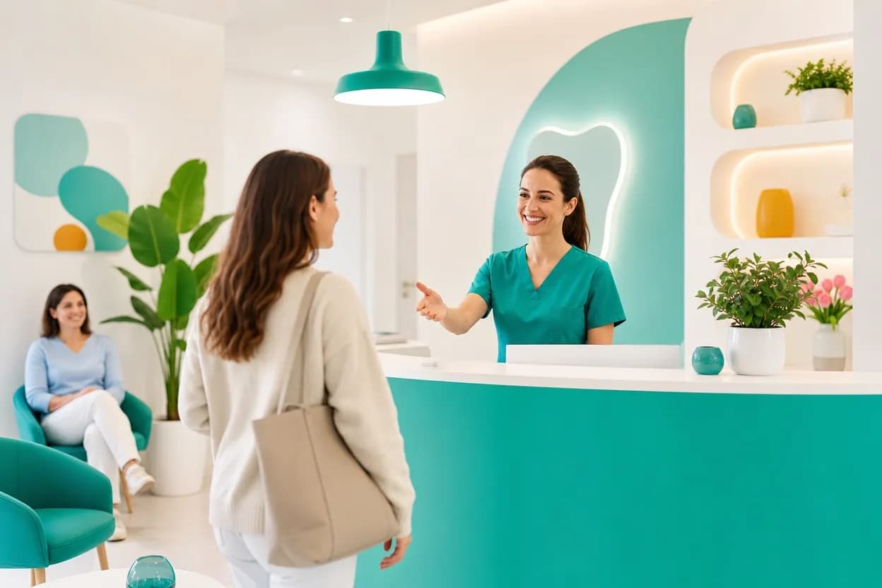 Paziente accolto alla reception di uno studio odontoiatrico con un'esperienza curata