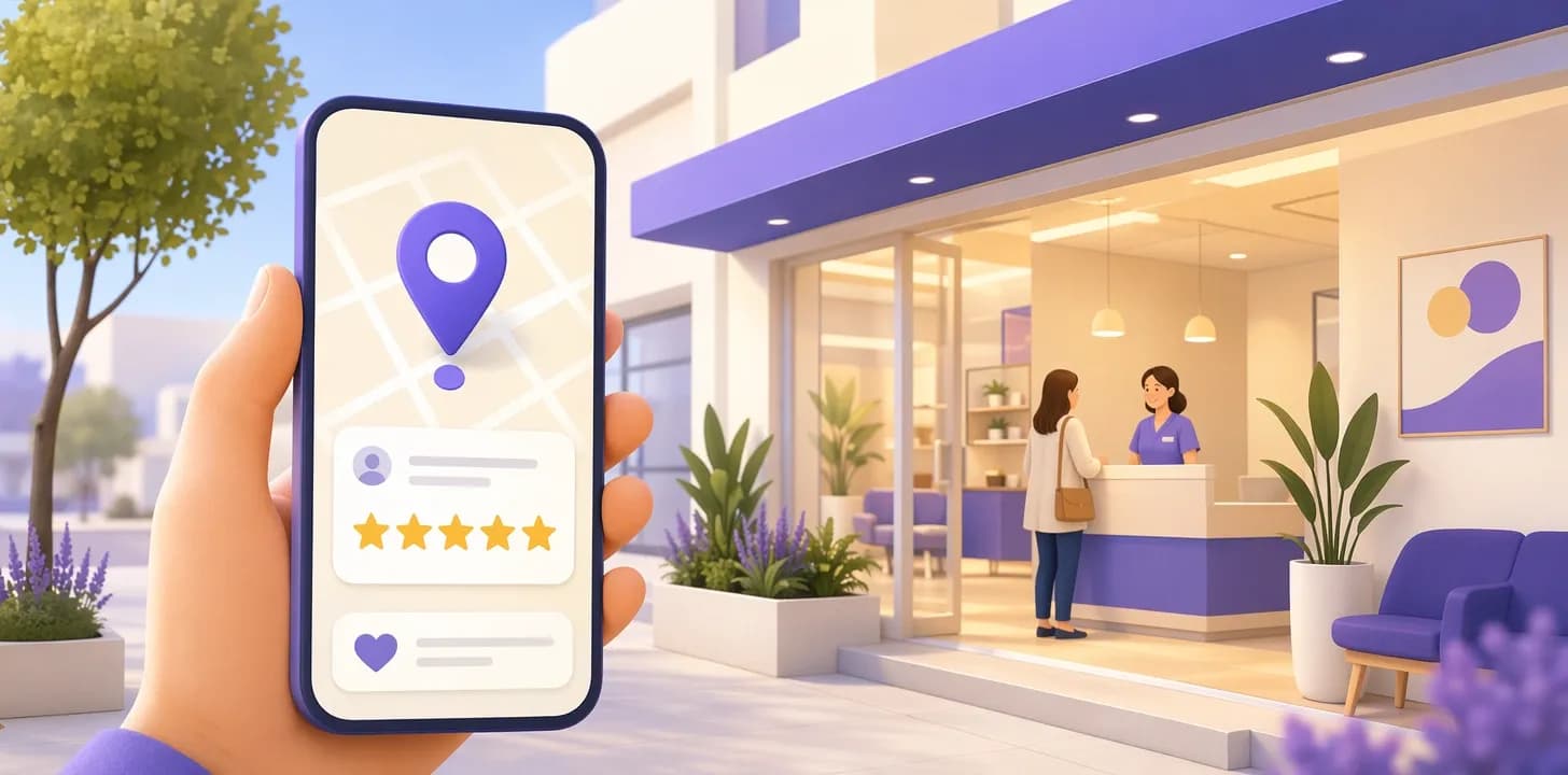 Studio medico con una presenza online curata su smartphone tra mappa e recensioni dei pazienti