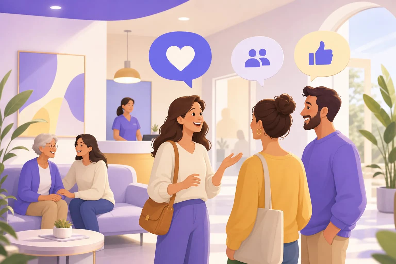 Pazienti soddisfatti che raccomandano uno studio medico ad amici, passaparola positivo