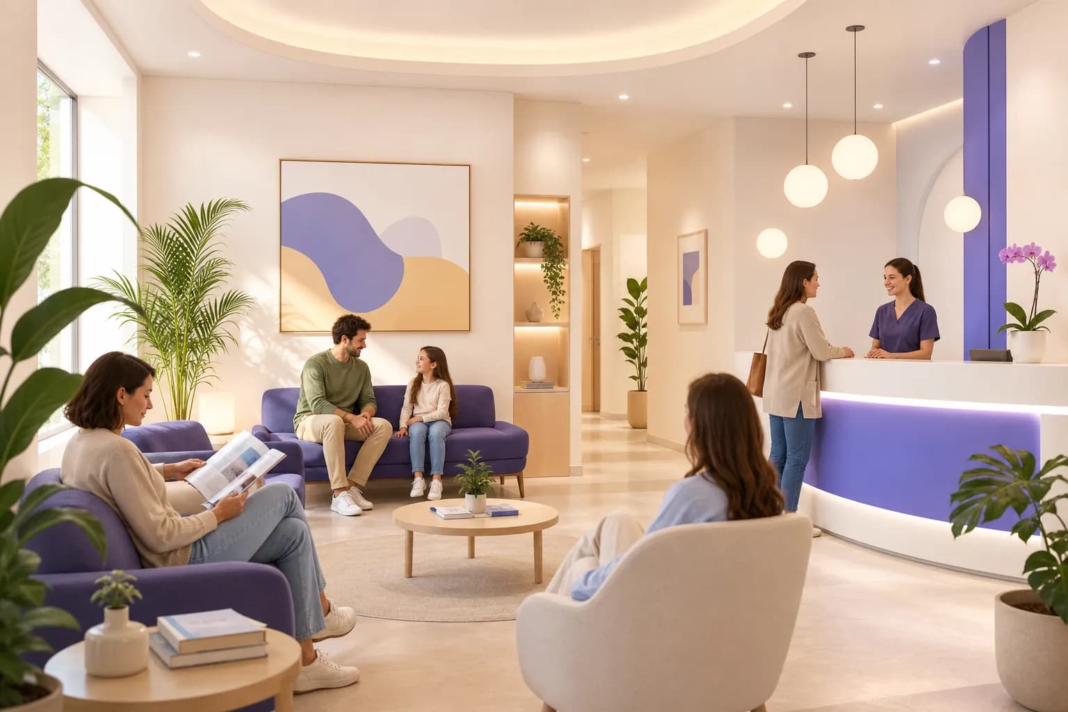 Sala d'attesa accogliente di uno studio medico con pazienti rilassati e tempi di attesa contenuti