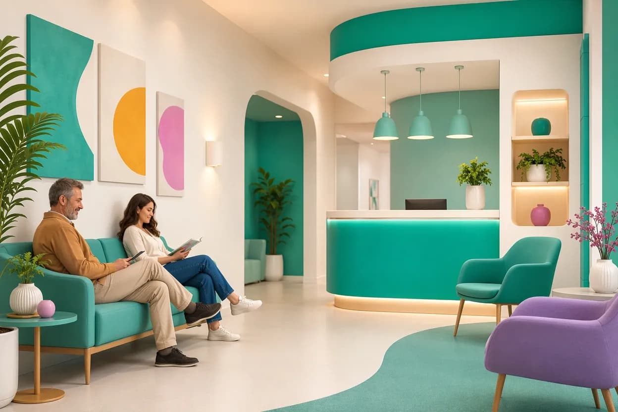 Sala d'attesa tranquilla di uno studio medico senza fila allo sportello ritiro referti