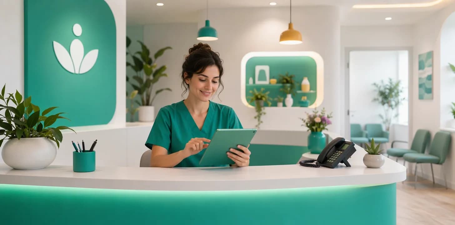 Segretaria di studio medico serena al banco reception con telefono che non squilla di continuo