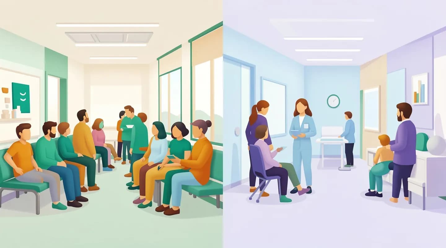 Confronto tra una sala d'attesa affollata e una ordinata in uno studio medico