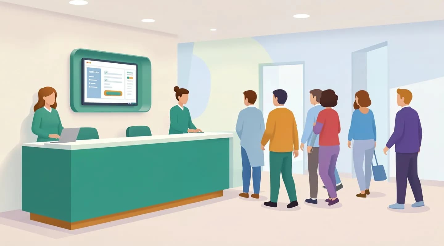 Reception di studio medico con check-in digitale e flusso di pazienti ordinato