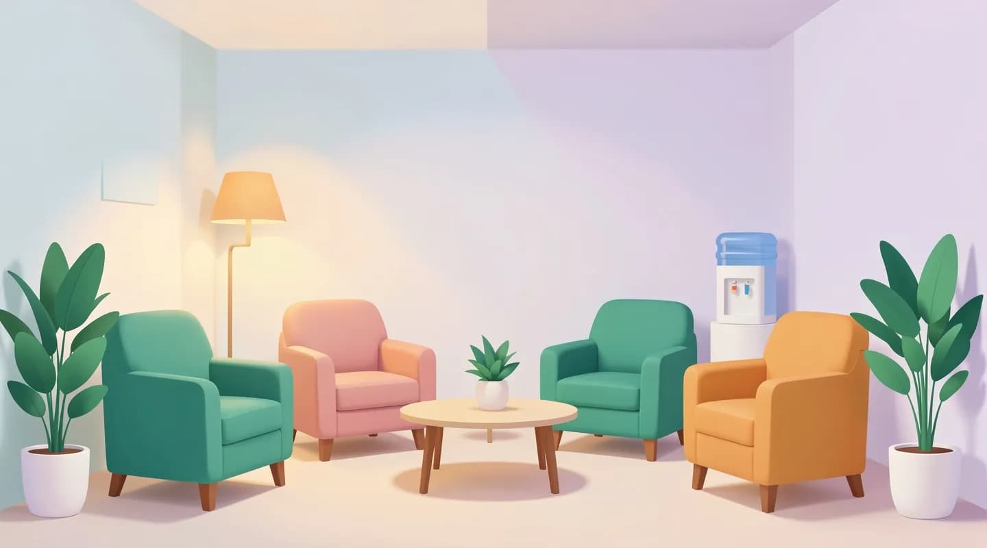 Sala d'attesa di studio medico accogliente con poltrone comode, luce morbida e piante