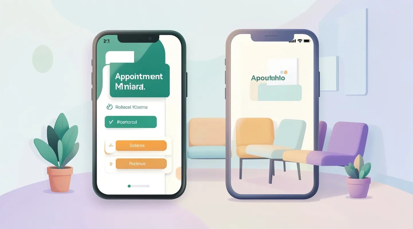 Promemoria SMS dell'appuntamento accanto a una sala d'attesa di studio medico tranquilla