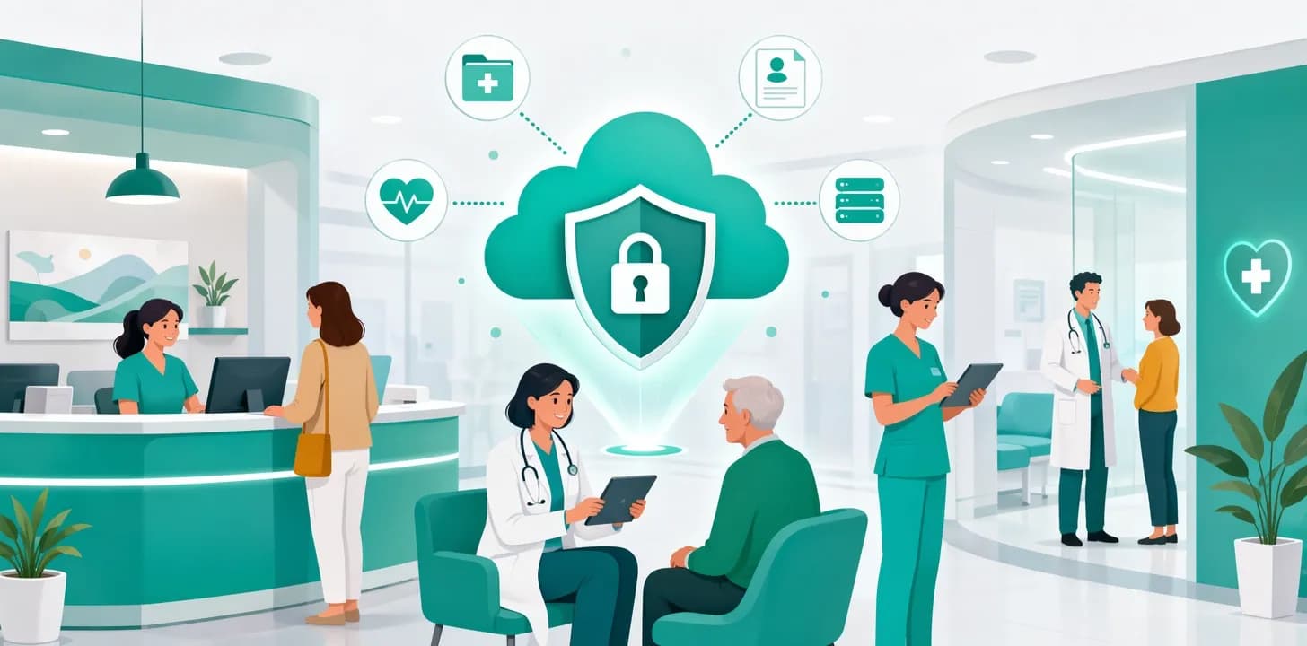 Illustrazione di uno studio medico con dati dei pazienti protetti su cloud e scudo digitale
