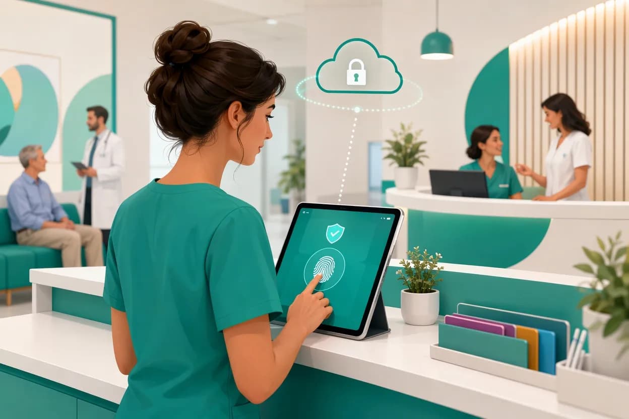 Operatore sanitario che accede con autenticazione sicura a un tablet in reception