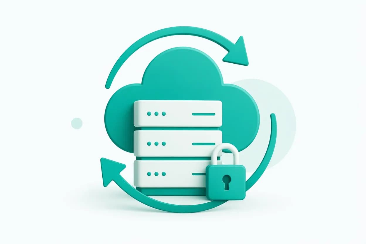 Server cloud sicuro con icone stilizzate di backup e protezione dei dati sanitari