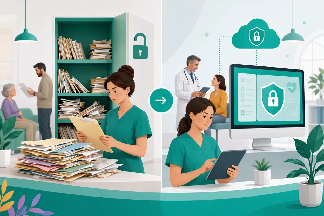 Confronto visivo tra cartelle cartacee di un archivio e uno schermo digitale protetto