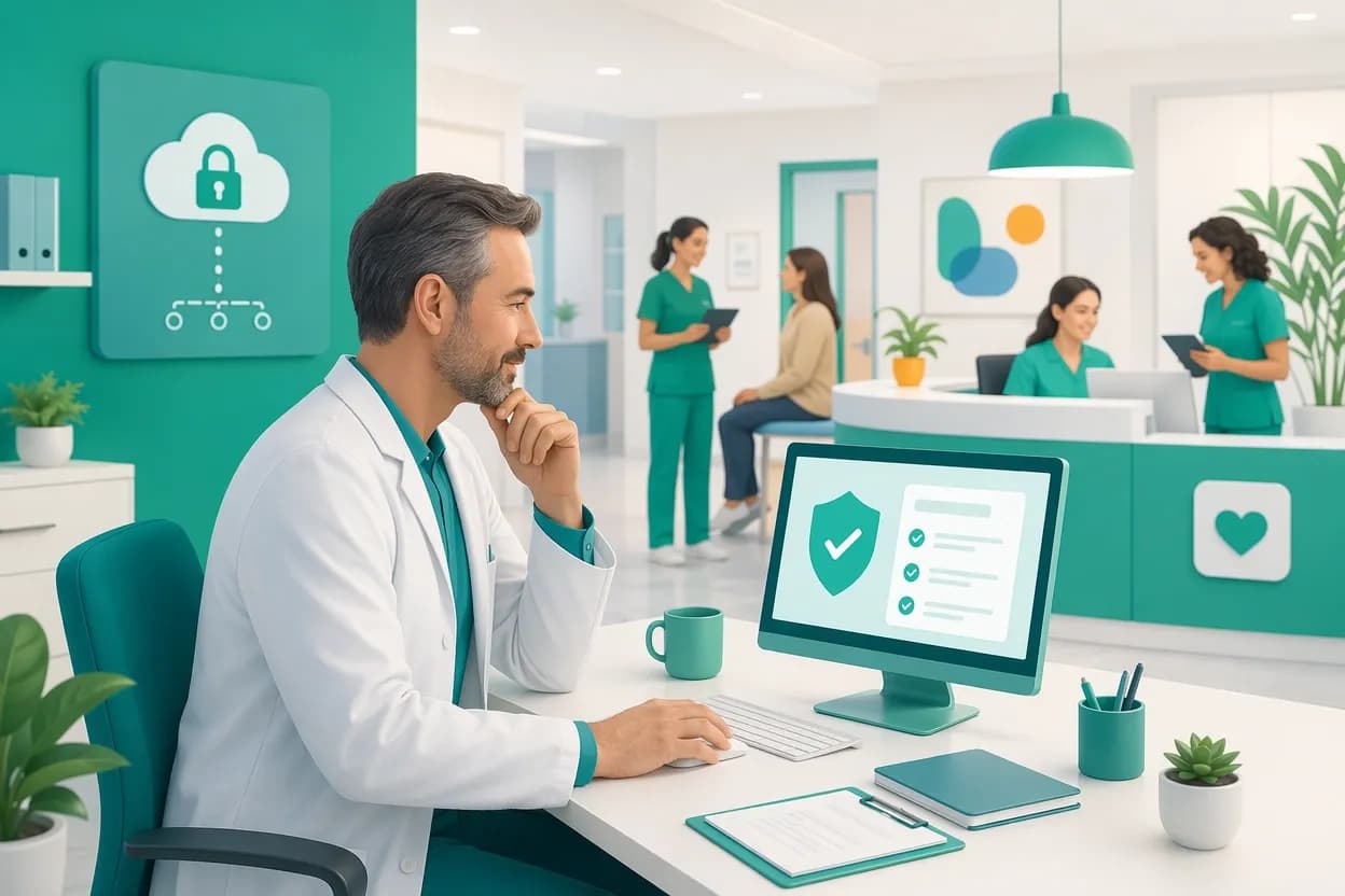 Operatore sanitario che gestisce con calma una notifica di sicurezza sullo schermo