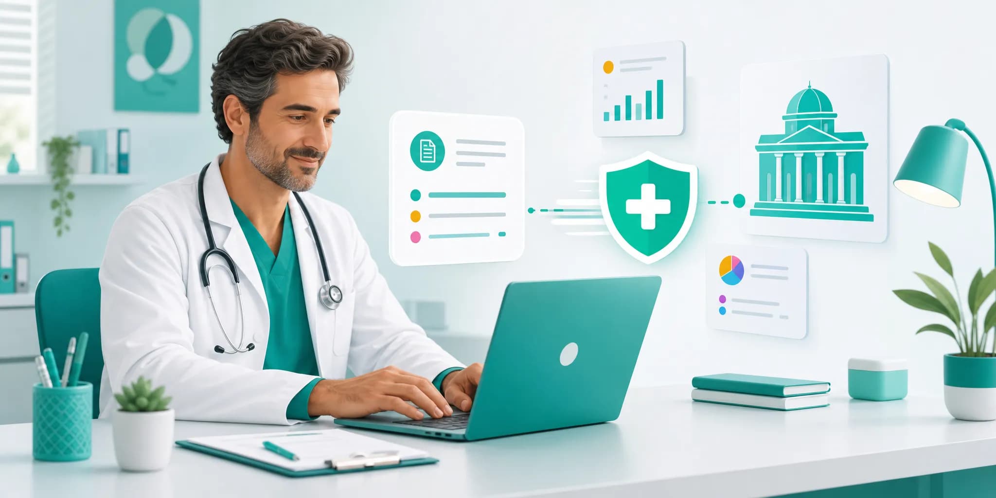 Medico allo studio che invia i dati delle fatture sanitarie al Sistema Tessera Sanitaria dal computer