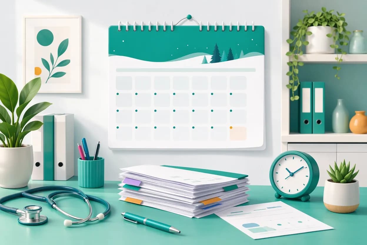 Scrivania di uno studio medico con calendario di gennaio segnato per la scadenza dell'invio delle spese sanitarie