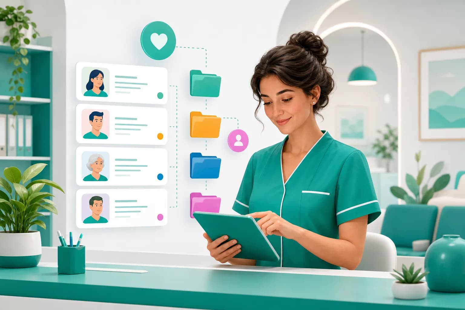 Segretaria di studio medico che organizza l'anagrafica dei pazienti pronta per la comunicazione delle spese sanitarie