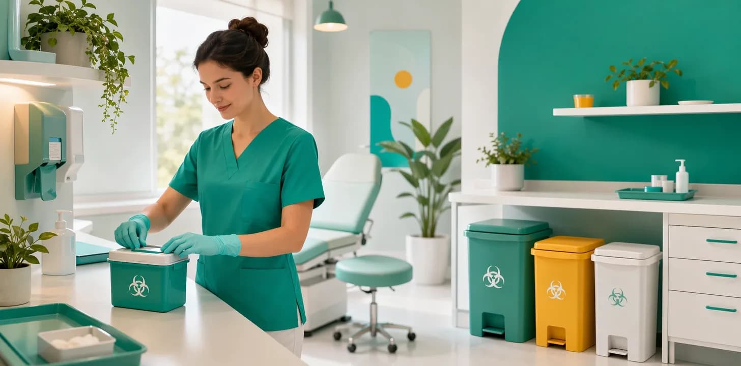 Contenitori per rifiuti sanitari a rischio infettivo in uno studio medico con operatore sanitario