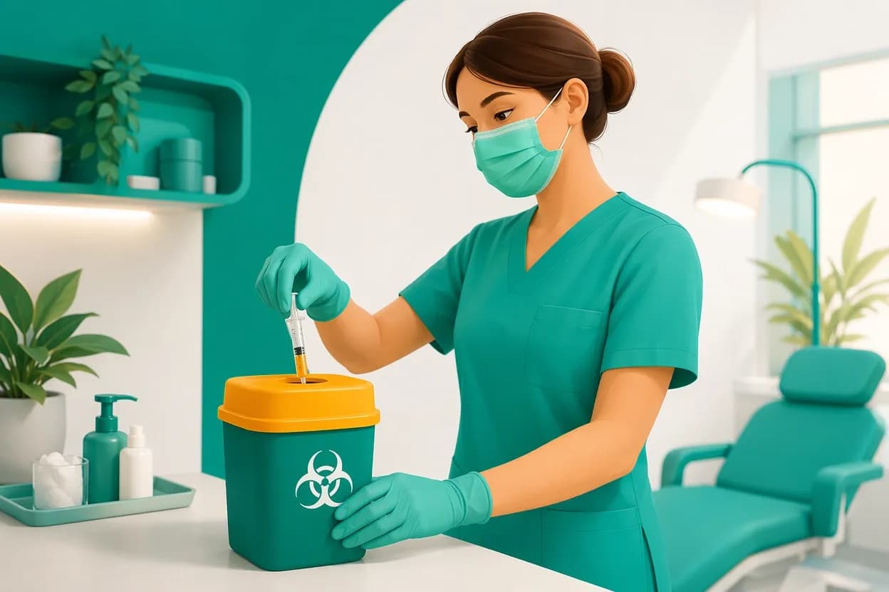 Operatore sanitario con guanti che smaltisce correttamente un rifiuto a rischio infettivo nel contenitore dedicato