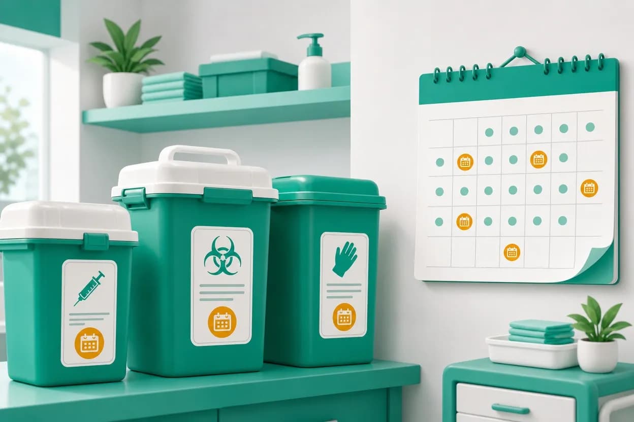 Contenitori di rifiuti sanitari etichettati con la data di chiusura accanto a un calendario nello studio