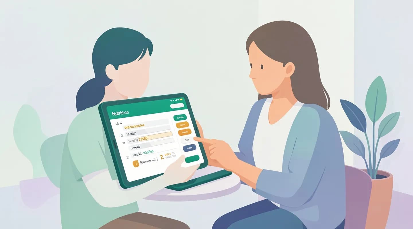 Nutrizionista che consulta diete e agenda dei pazienti su un software in cloud nel suo studio