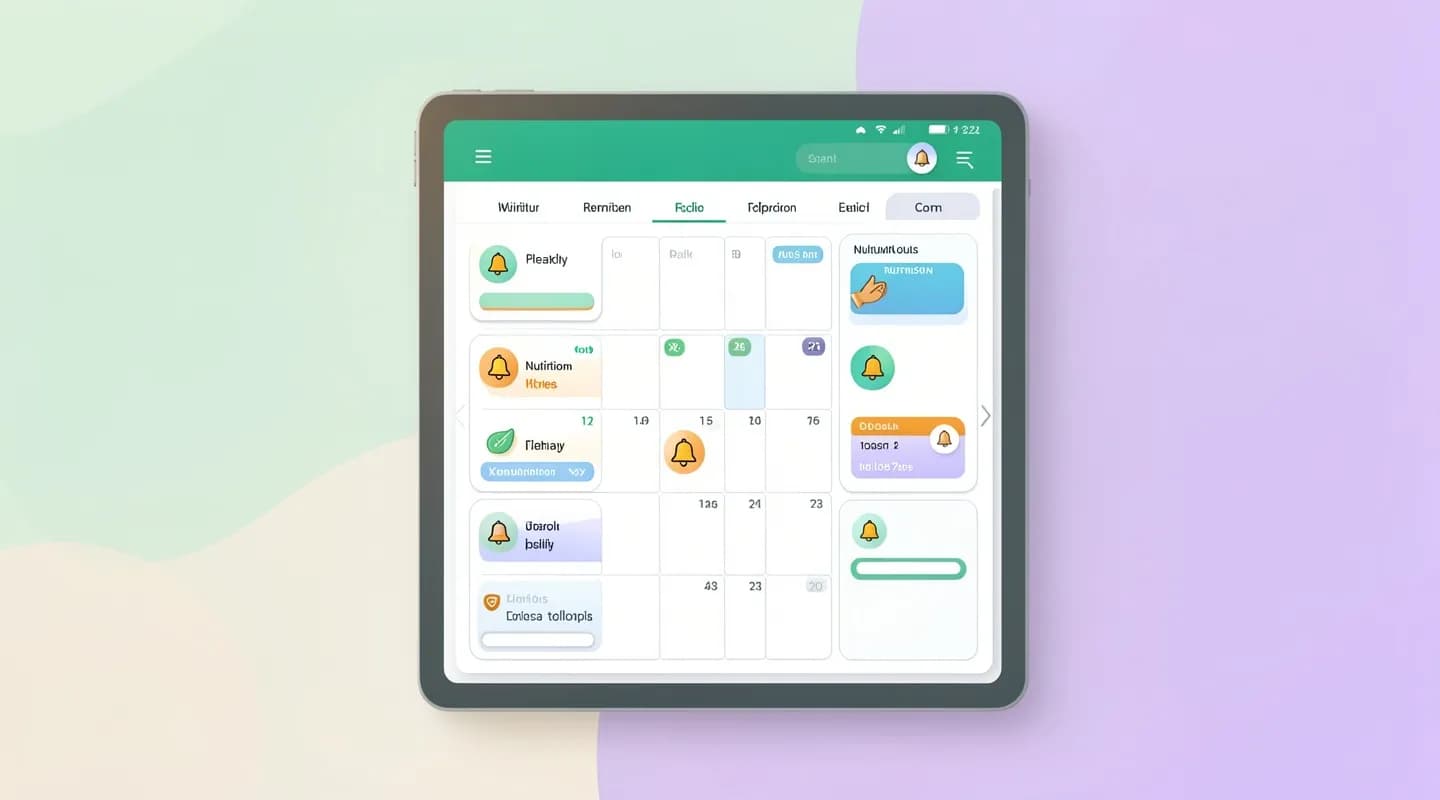 Calendario di un software per nutrizionisti con prime visite e controlli ricorrenti e promemoria attivi