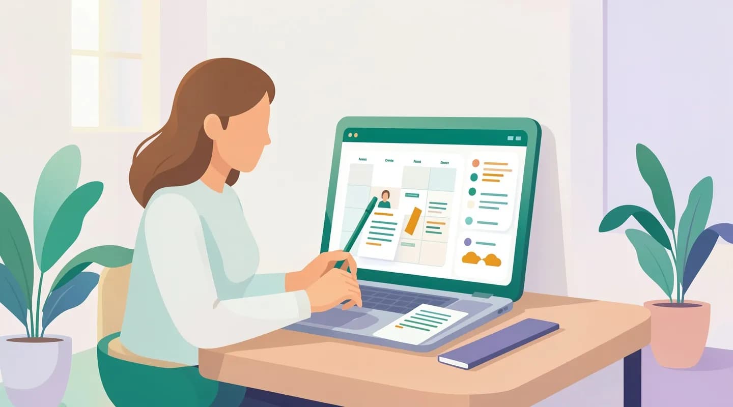 Psicologa che consulta l'agenda dei colloqui e le note dei pazienti su un software in cloud