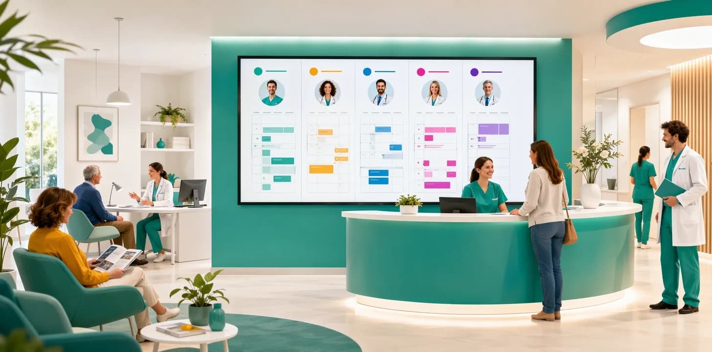 Reception di un poliambulatorio con software gestionale che mostra agende di più specialisti