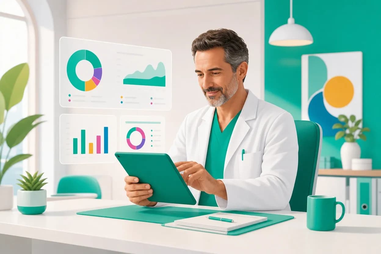 Direttore sanitario che consulta i report di un software per poliambulatorio su un tablet