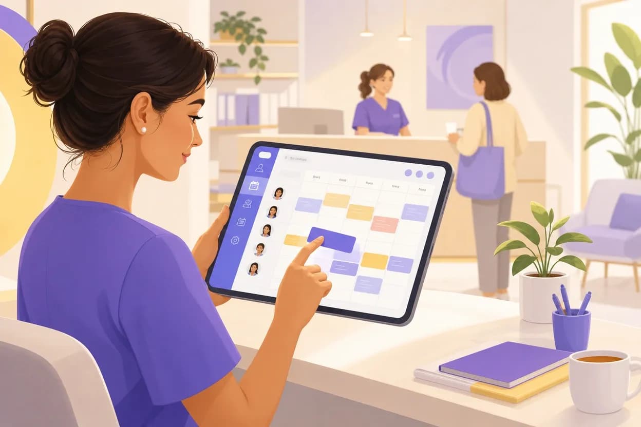 Coordinatore che pianifica i turni degli infermieri su un calendario settimanale digitale in ambulatorio