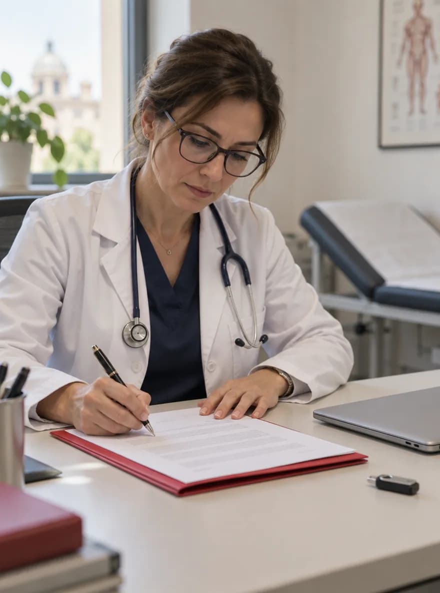 Medico che consulta la cartella clinica digitale di un paziente in un poliambulatorio