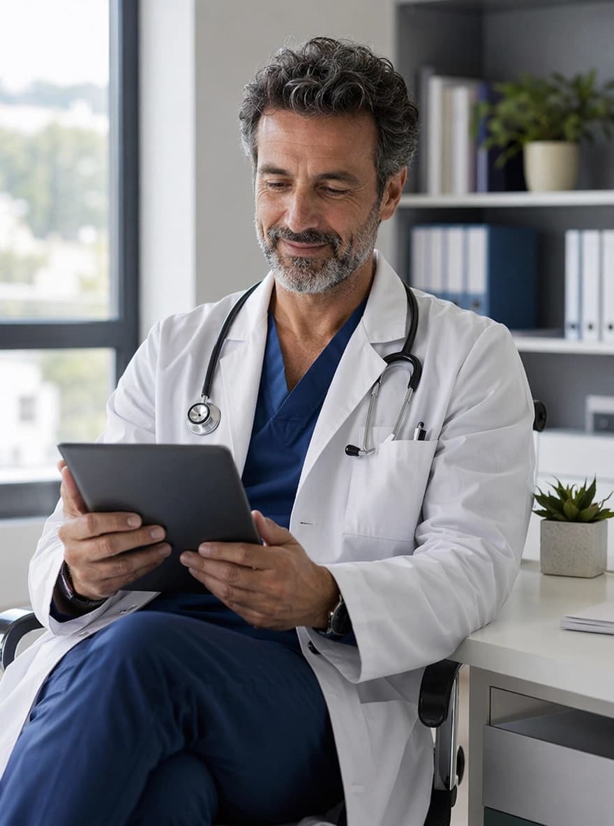Medico che consulta con serenità l'agenda digitale dal tablet in ambulatorio