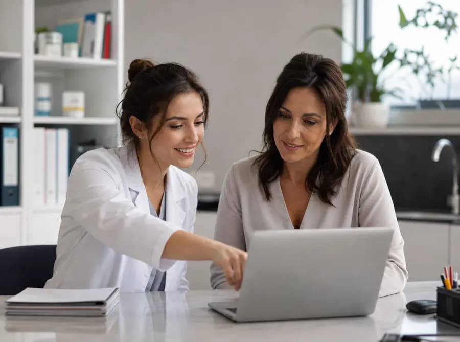 Un consulente configura il bot WhatsApp insieme alla responsabile dello studio medico, formazione inclusa