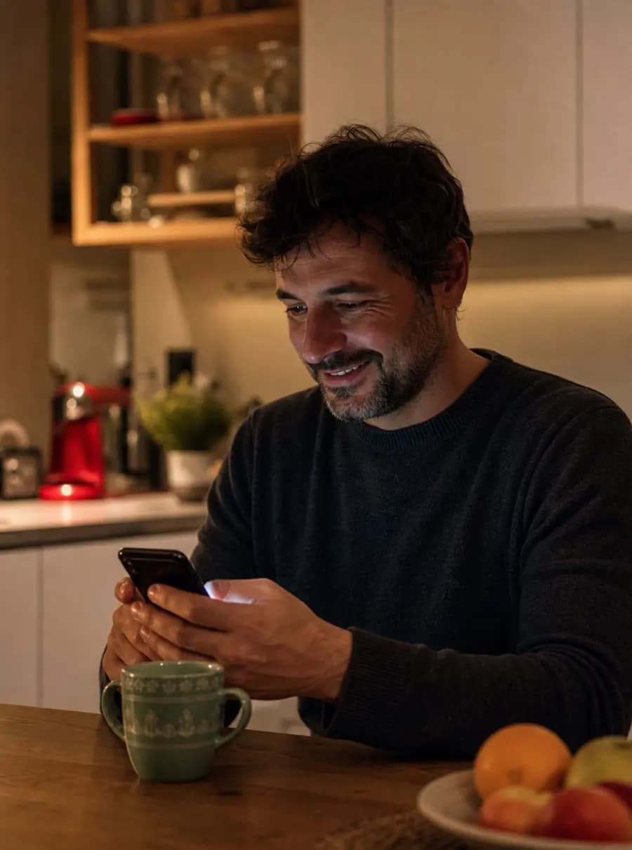 Paziente che la sera, da casa, scrive con serenità un messaggio al bot dello studio per gestire il suo appuntamento