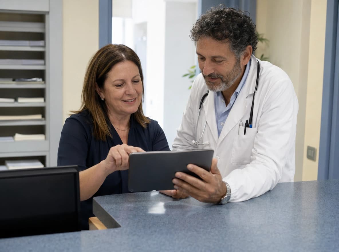 Segreteria e medico di un ambulatorio rivedono insieme il giro visite a domicilio su un tablet, formazione inclusa