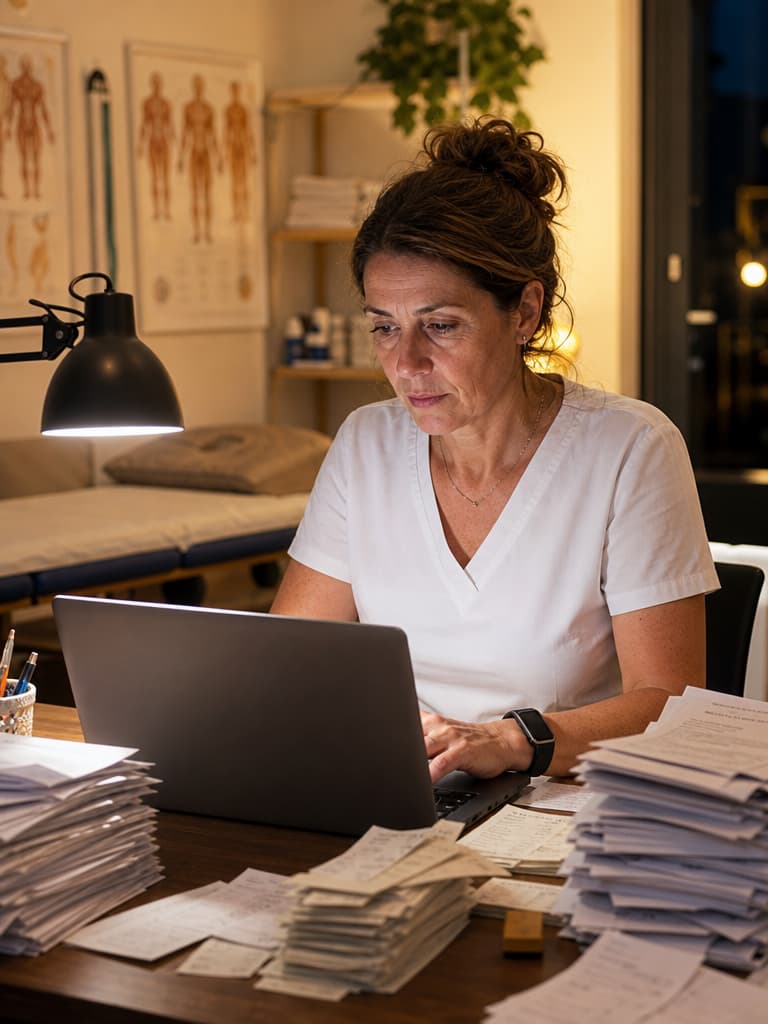 Fisioterapista alla scrivania la sera, circondata da ricevute e fatture cartacee, mentre fa la contabilità al computer