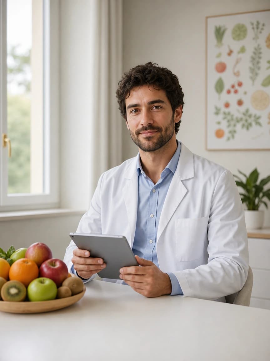 Nutrizionista in un ambulatorio luminoso che usa con serenità un tablet dopo una visita