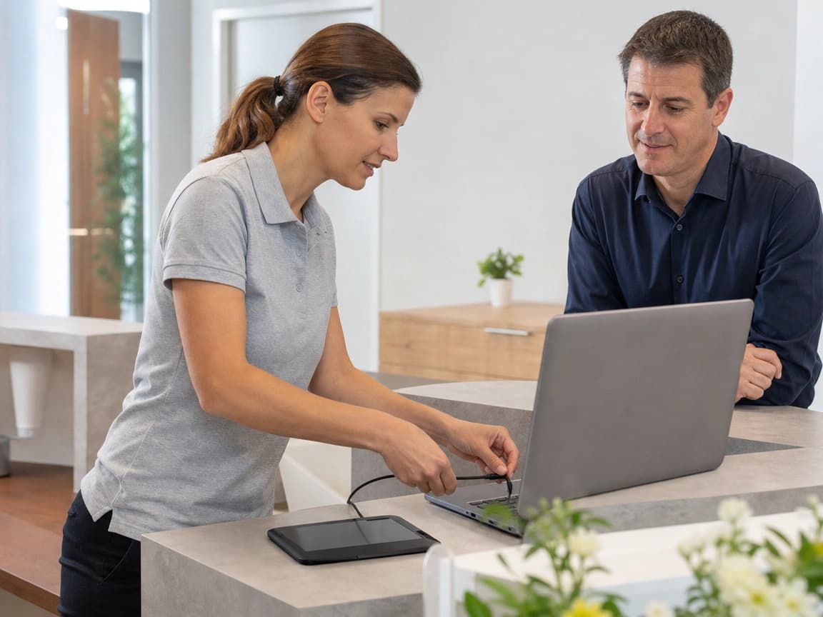 Tecnica che collega la tavoletta grafometrica al computer dell'accettazione mentre un segretario osserva la configurazione