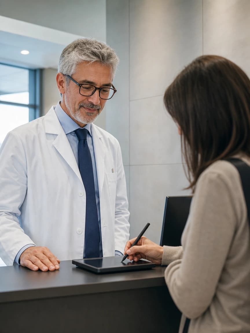 Medico che osserva con serenità una paziente firmare il consenso sulla tavoletta grafometrica al bancone dell'accettazione