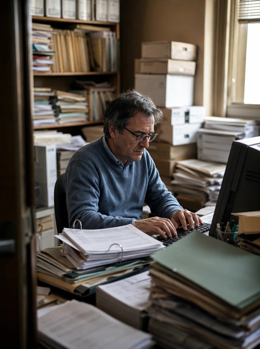 Amministratore di uno studio medico che ricopia a mano le schede dei pazienti da faldoni di carta al computer