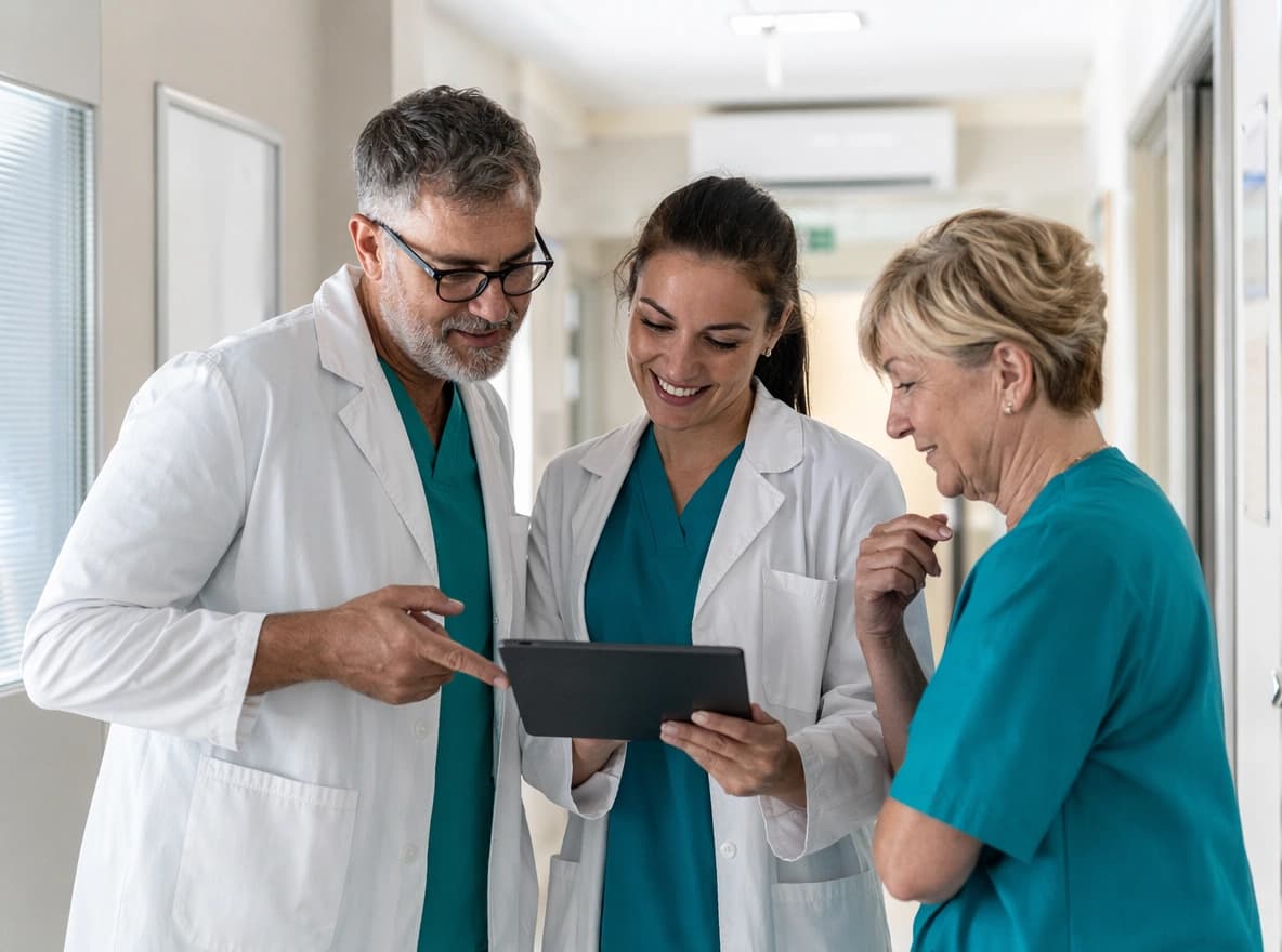 Staff di un ambulatorio durante un breve briefing con tablet, formazione inclusa