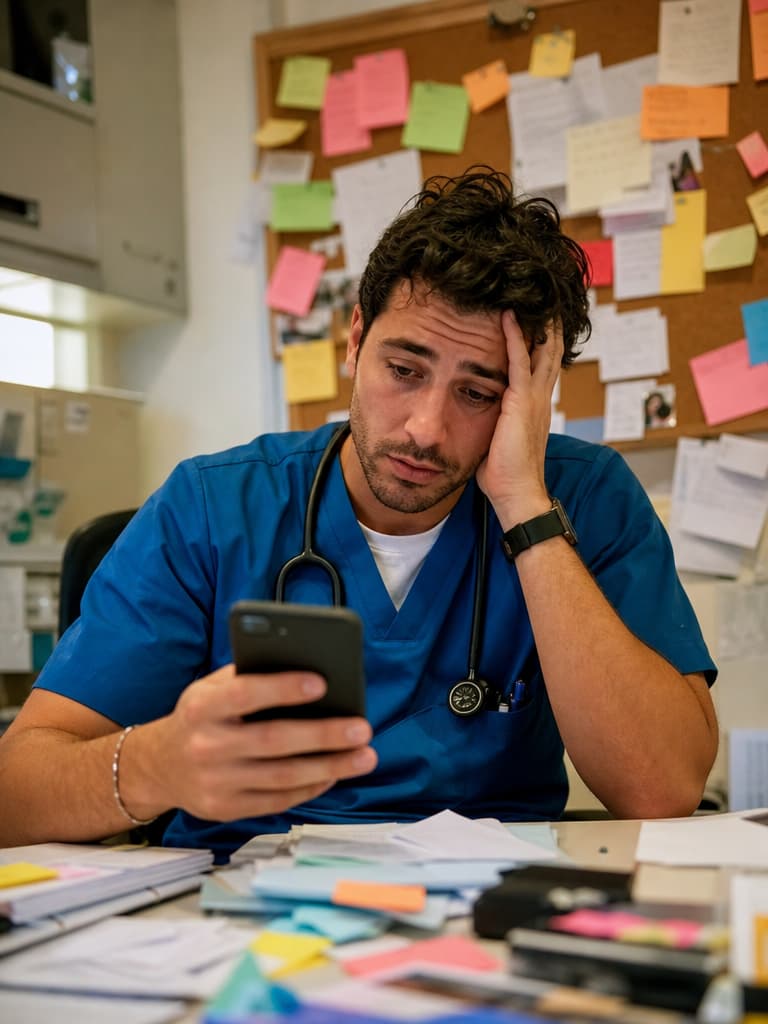 Infermiere di un ambulatorio sommerso da post-it e notifiche WhatsApp per le comunicazioni di servizio