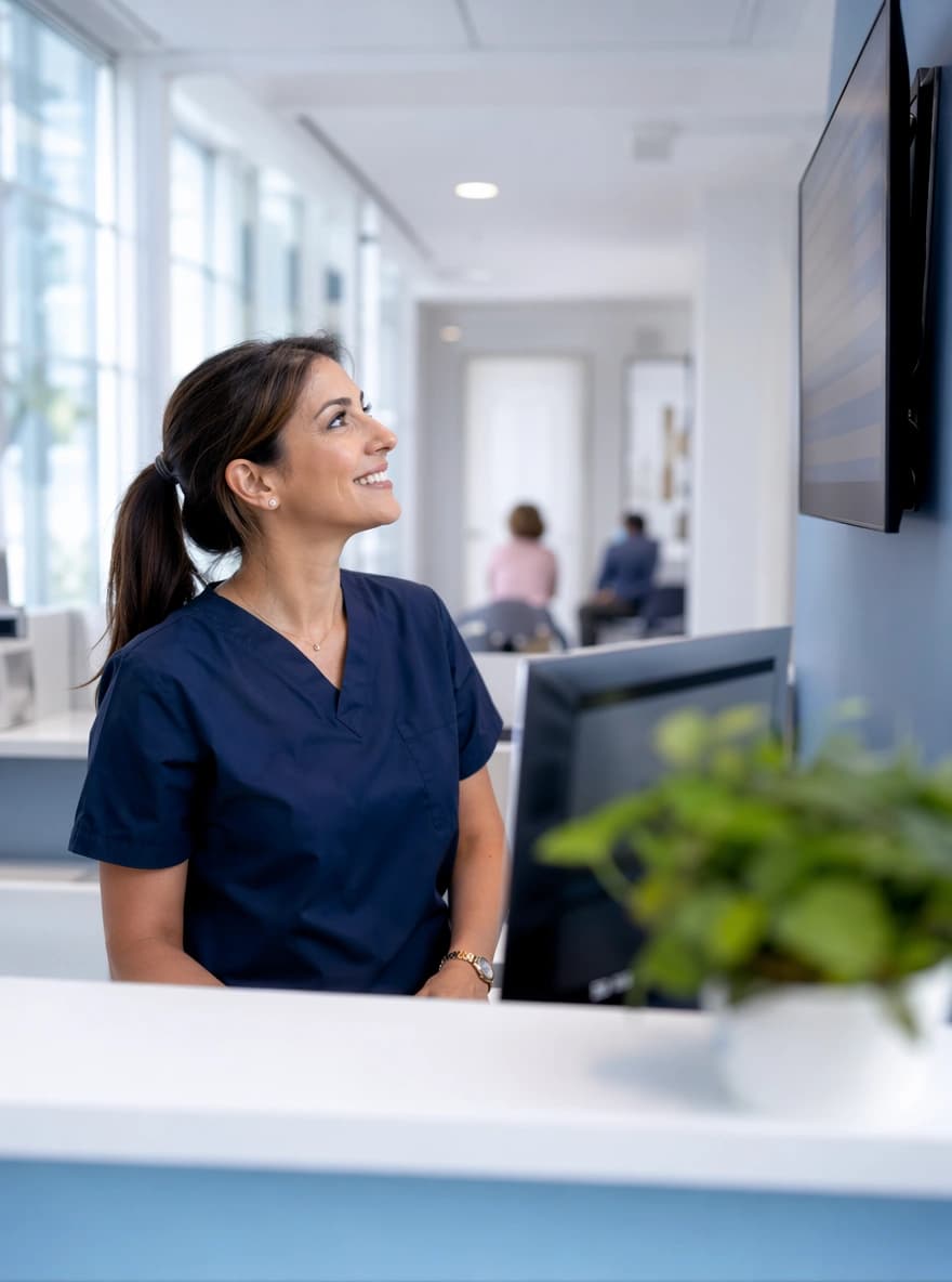 Segretaria che consulta con serenità la bacheca digitale delle comunicazioni in ambulatorio