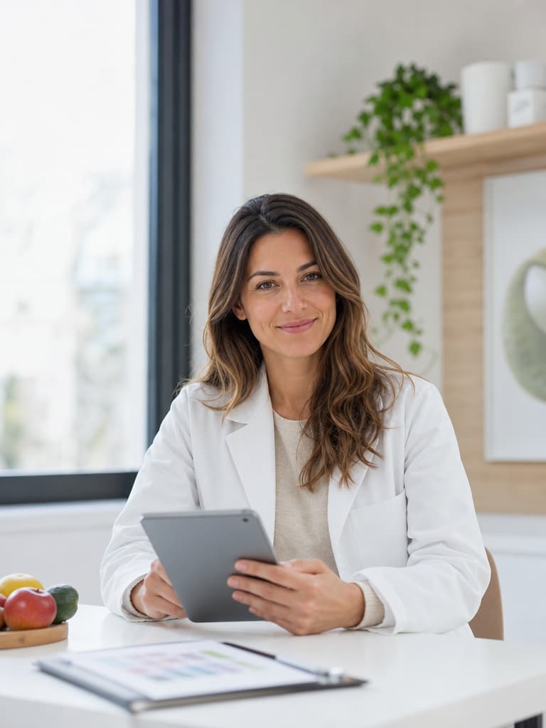 Professionista di uno studio medico che consulta con serenità la scheda di un paziente dal tablet