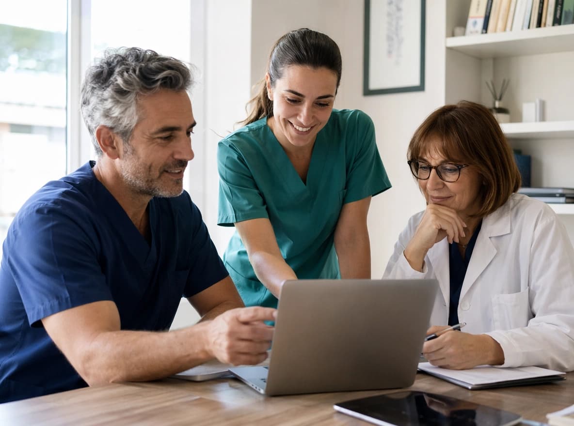 Team di un ambulatorio che rivede insieme i turni assegnati su un laptop, formazione inclusa